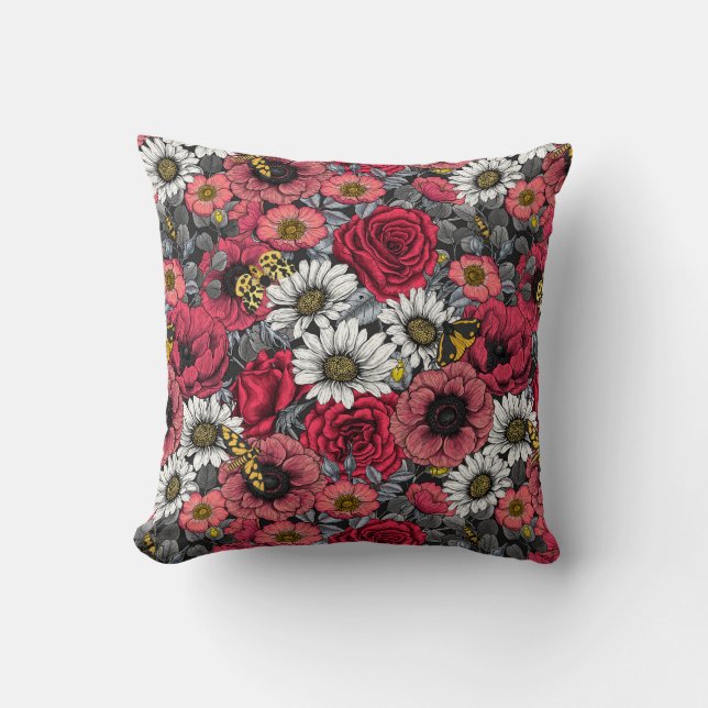 Coussin Mélange de fleurs en rouge et gris (Recto)