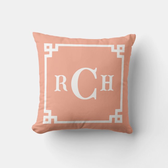 Coussin Melon Coral Reverse Chinoiserie Grec Clé Monogramm (Recto)