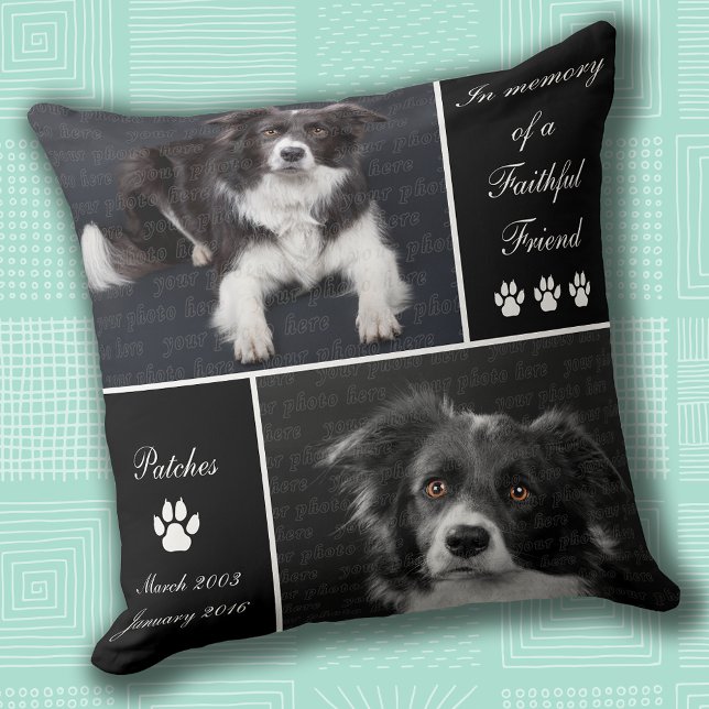 Coussin Mémorial en hommage aux chiens avec photos (Dog Photo Memorial Tribute Throw Pillow with photo and name templates)