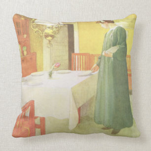 Coussin Ménage d'école, scène de salle à manger, pub.
