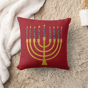 Coussin Menorah Festive Hanoukka Bougies Bleues Dessin Rou