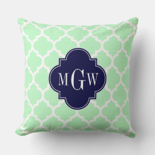 Coussin Menthe, Blanc Marocain #5 Navy 3 Initial Monogramm