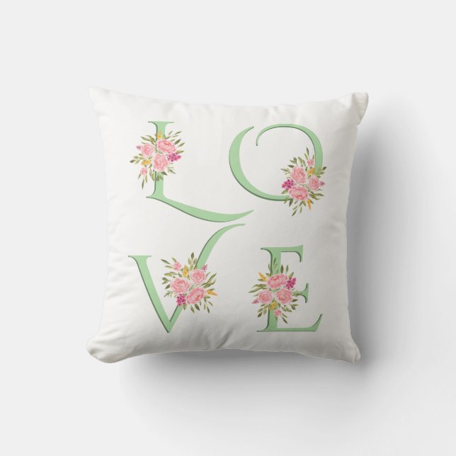 Coussin Menthe vert floral Love typographie Valentines Day (Recto)
