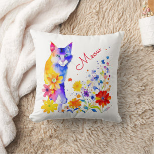 Coussin Meow Chat et fleurs à l'aquarelle