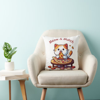 Coussin Meow & Munch Cute Pizza Cat Throw Pillow