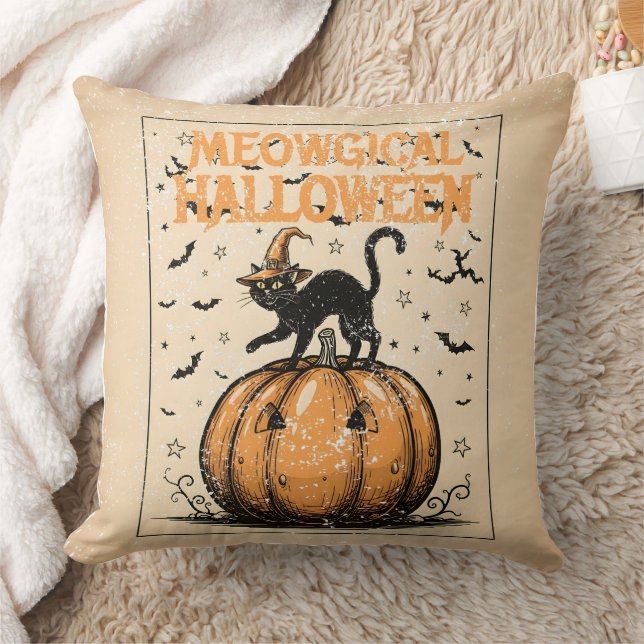 Coussin Meowgical Halloween Black Cat Vintage Throw Pillow (Couverture)