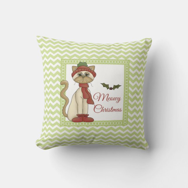 Coussin Meowy Christmas Kitty avec arrière - plan de chevr (Recto)