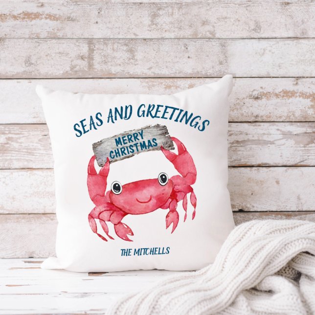 Coussin Mer de crabe nautique Salutations de vacances trop (Créateur téléchargé)