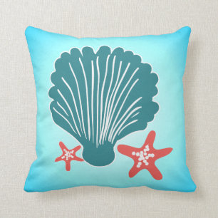 Coussin Mer turquoise et orange Shell et poissons d'étoil
