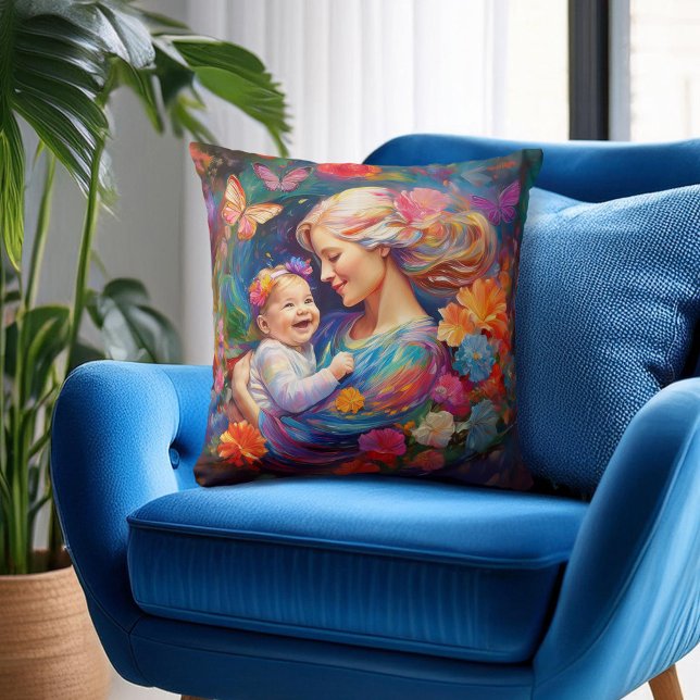 Coussin Mère avec Bébé Fille Peinture colorée (Créateur téléchargé)