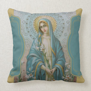 Coussin Mère bénie Mary de Vierge avec des lis