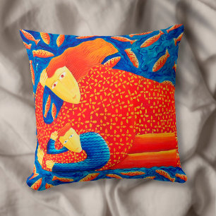 Coussin Mère et fils avec peinture moderne à poissons roug