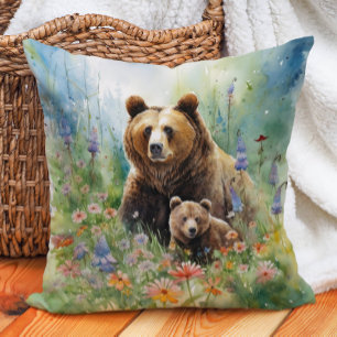 Coussin Mère Grizzly Oear Cub Fleurs Peinture
