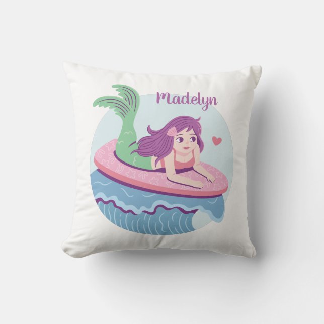 Coussin Mermaid Girl Sur Surfboard Ocean Room Decor (Recto)