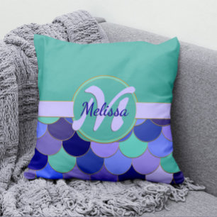 Coussin Mermaid Scales Aqua Turquoise & Purple Nom du mono