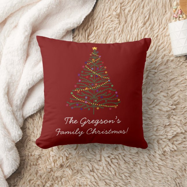 Coussin 'Merry Christmas' Decorated Tree & Family Name Red (Couverture)