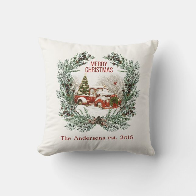 Coussin Merry Christmas Red Truck Spruce Wreath Customisé (Recto)