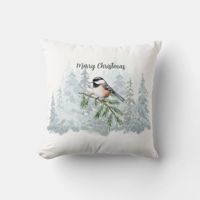 Coussin Merry Christmas Winter Spruce Tree Chickadee (Recto)