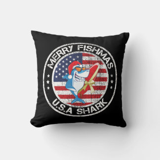 Coussin Merry Fishmas USA Drapeau Grand requin blanc