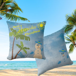 Coussin Merry Tropical Floride Snowman de Noël sur la plag