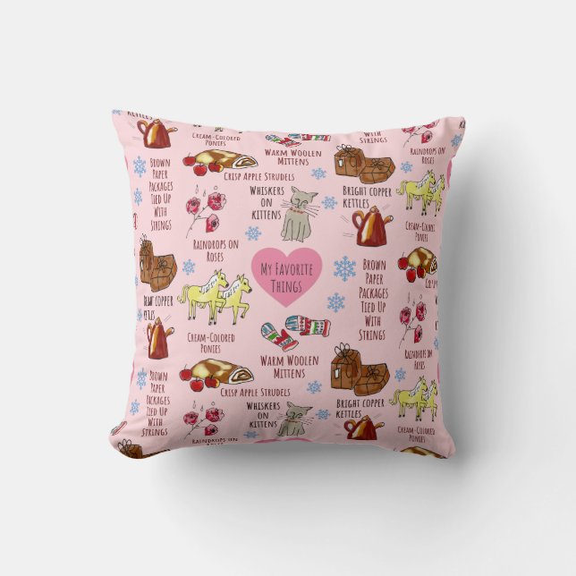 Coussin Mes Choses préférées Rose Whimsical Dessiné À La M (Recto)