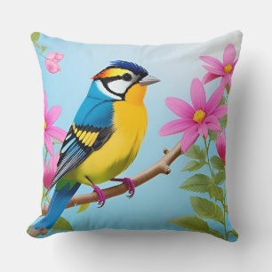Coussin 🐦 Mésange bleue Illustration botanique pour espac