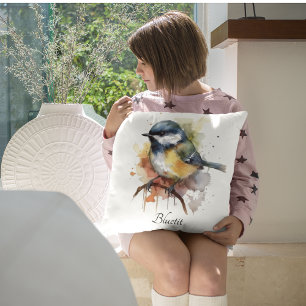 Coussin Mésange bleue mignonne sur une branche, personnali