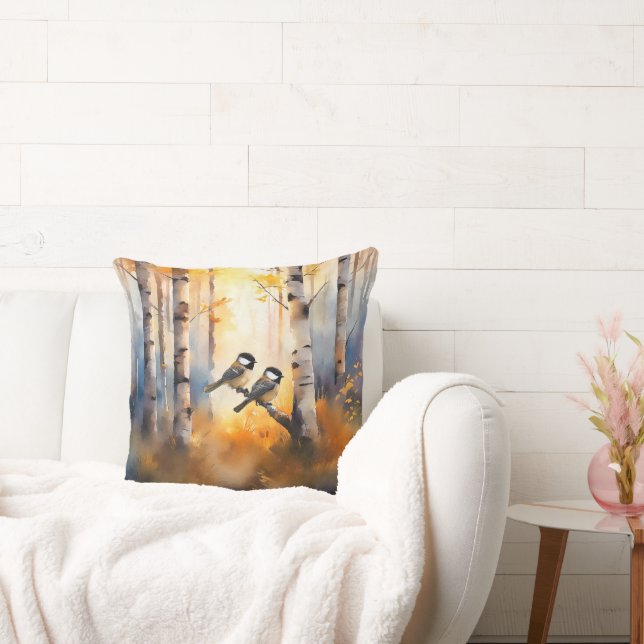 Coussin Mésanges chanteuses dans une forêt automnale (Canapé)