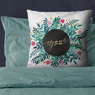 Coussin Message de Merci - avec des fleurs rose et verte