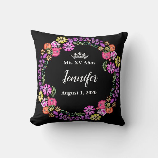 Coussin mexicain de broderie Mis XV Recuerdo 16" (Recto)