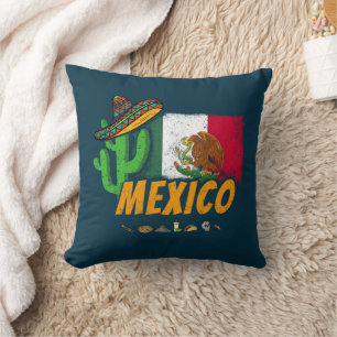 Coussin Mexique Cactus Vintage avec Drapeau Sombrero Souve