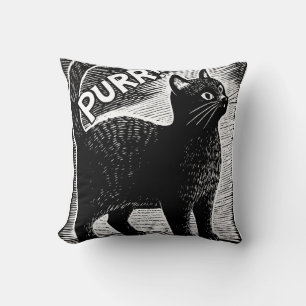 Coussin MIAOU ! Style de gravure sur bois de chat noir vin