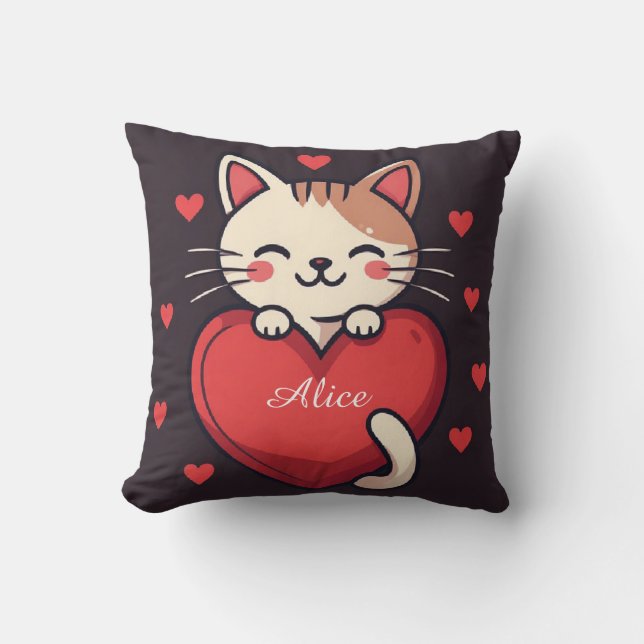 Coussin Mignon Chat Blanc avec Design Kawaii Kitty Love (Recto)