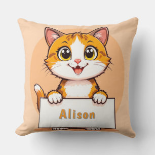 Coussin Mignon Chat de Dessin Animé Tenant un Panneau Vier