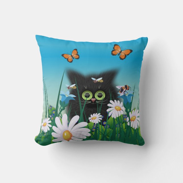 Coussin Mignon Chat Noir Fluffy et Art de Pâquerettes (Recto)