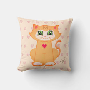 Coussin Mignon chat roux dessin animé & coeurs sur corail