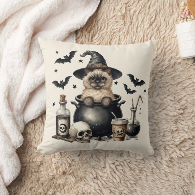 Coussin Mignon chat vintage dans un chaudron Halloween (Couverture)