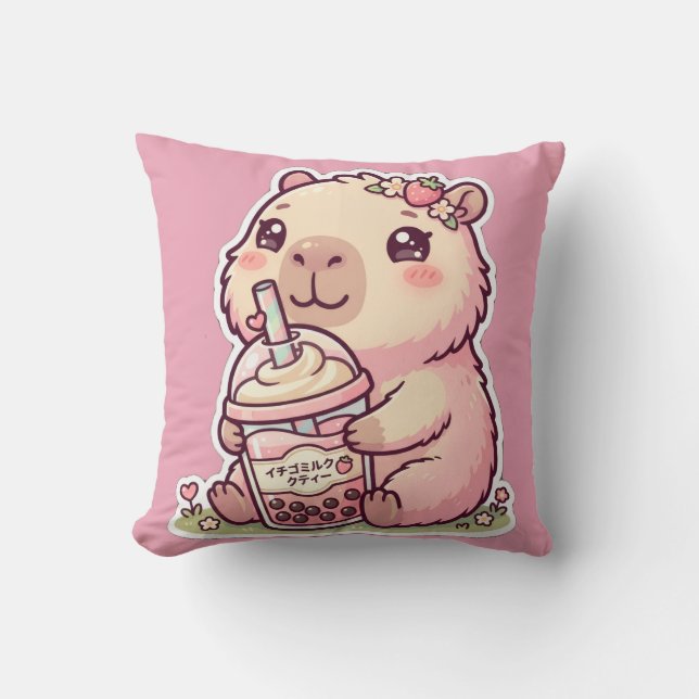 Coussin Mignon Chibi Capybara Fraise Boba Milk Tea Kawa  (Recto)
