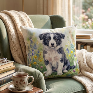 Coussin Mignon chiot Border Collie à l'aquarelle