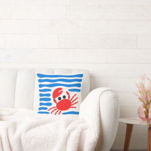 Coussin Mignon Crabe Rouge & Chowder Côtière aux Vagues Bl