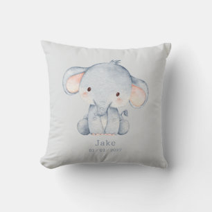 Coussin Mignon éléphant bébé à l'aquarelle et nom