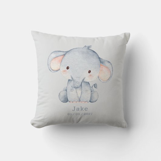 Coussin Mignon éléphant bébé à l'aquarelle et nom (Recto)