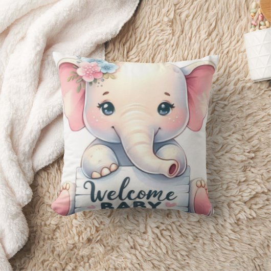 Coussin Mignon éléphant bébé avec fleurs Bienvenue bébé Ar (Couverture)