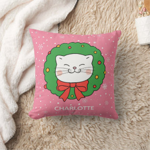 Coussin Mignon Kitty Chat de Noël Kawaii Nom Personnalisé