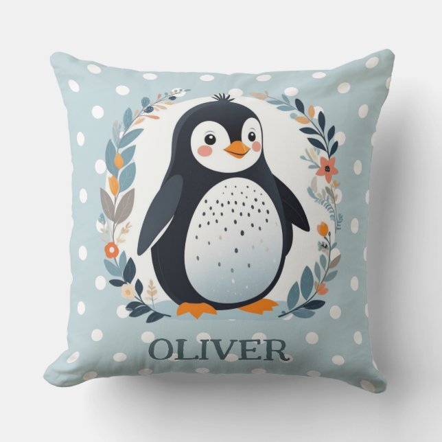 Coussin Mignon manchot de dessin animé et fleurs  (Recto)