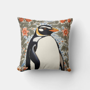 Coussin Mignon Manchot Sur Fond Floral Élégant Coloré