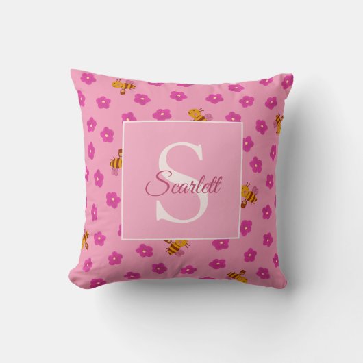 Coussin Mignon Monogramme Nom Abeille & Fleurs à la Gouach (Recto)