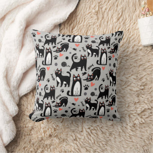 Coussin Mignon motif sans couture de chat noir sur fond gr