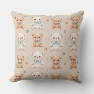 Coussin Mignon ours en peluche et noeuds bleus motif sans
