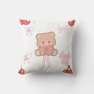 Coussin Mignon Ours en Peluche Pastel Ruban Rose Rêveur Es